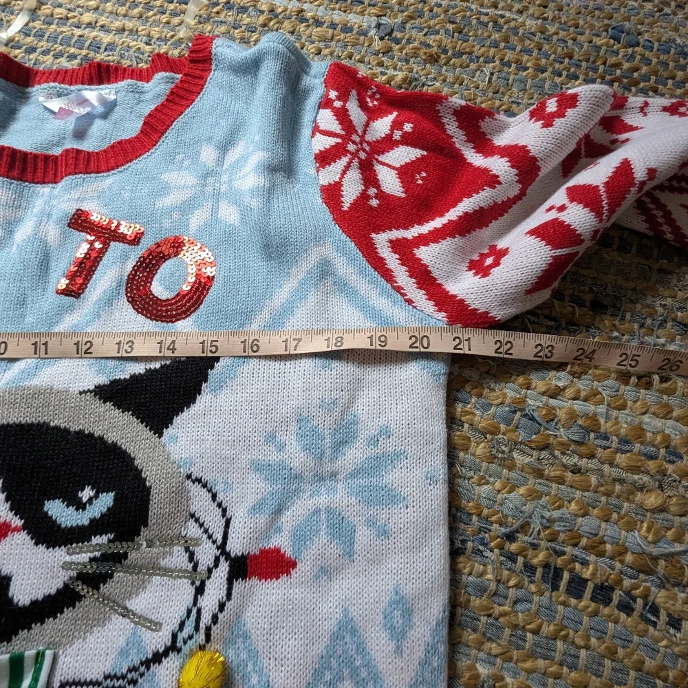 Blue Ugly Christmas Sweater Cat Snow Good Sequin Pom Pom XL (15–17) Holidays Fes